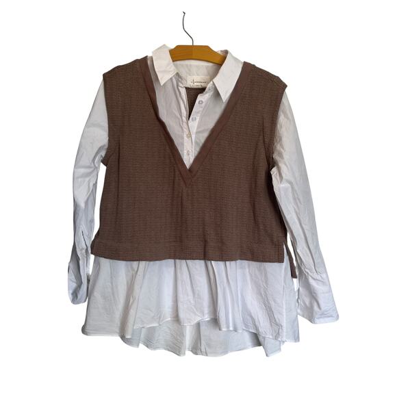 by Anthropologie Twofer Sweater Vest Layered White Button Down Brown Preppy S - Picture 1 of 8